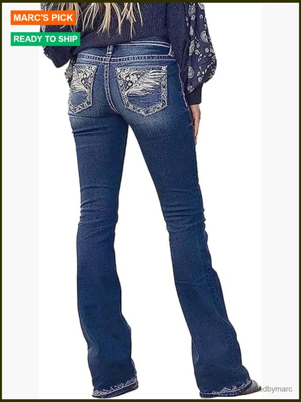 Stretchy Bootcut Jeans with Feather Embroidery, Mid Rise Slim Straight Leg Pants